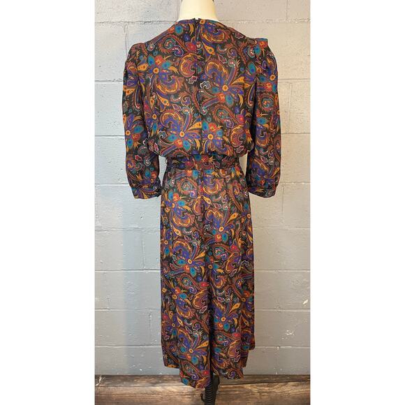 Vintage 1980s Sheer Floral Psychedelic Paisley Blouson Midi Dress Shirt Dress SM - Picture 7 of 10